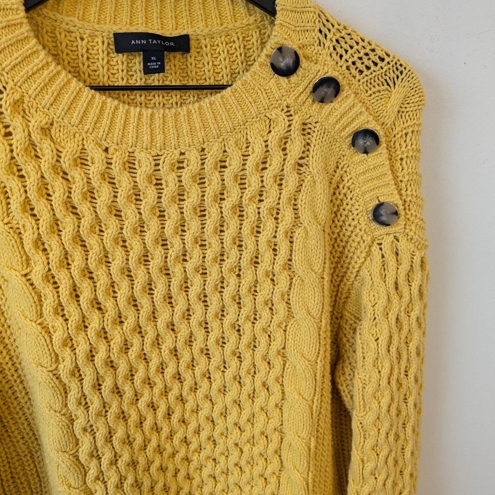 Ann Taylor 2022 Mustard Yellow Women's Cotton Blend Fisherman Cable Knit Sweater - Picture 3 of 7